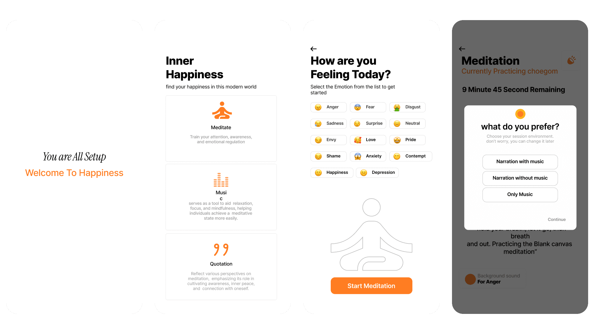 Meditation feature overview and emotion picker screens